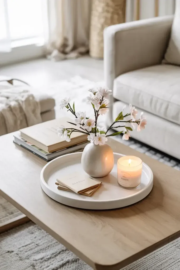 Styled coffee table with floral arrangement, candle, books, and decorative cards.