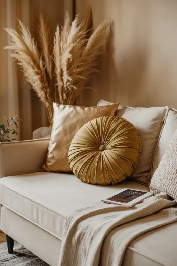 Cozy neutral living room with pampas grass