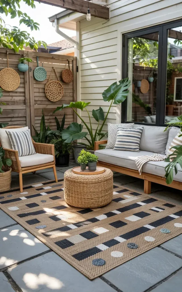 Outdoor seating area with a woven coffee table, patterned rug, and lush greenery.