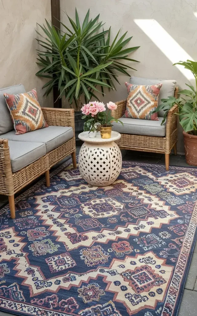 Two wicker chairs with patterned cushions sit on a rug with a small side table and potted plants.