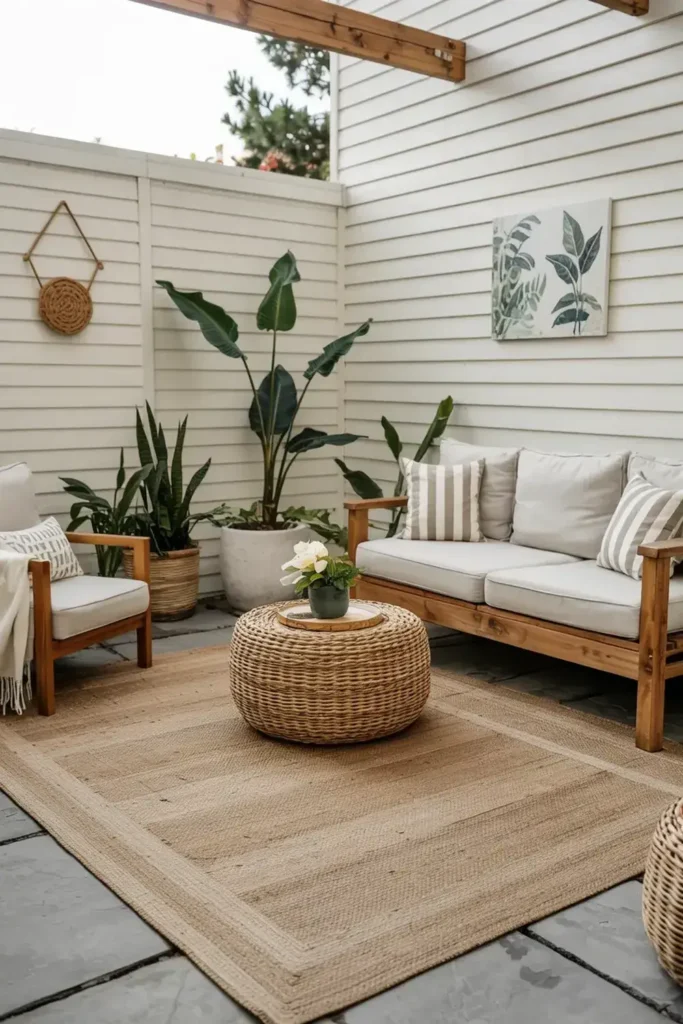 Outdoor seating area with a sofa, chairs, woven coffee table and potted plants against a white plank wall.