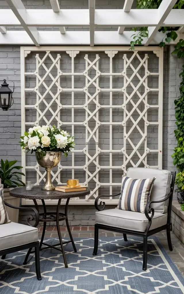 Outdoor seating area with a trellis backdrop, flowers, and a small table.