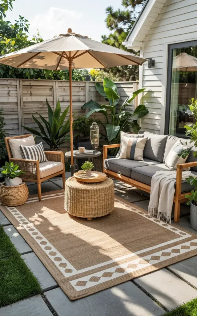 Outdoor patio with a beige umbrella, wicker furniture, and potted plants on a stone tile surface.
