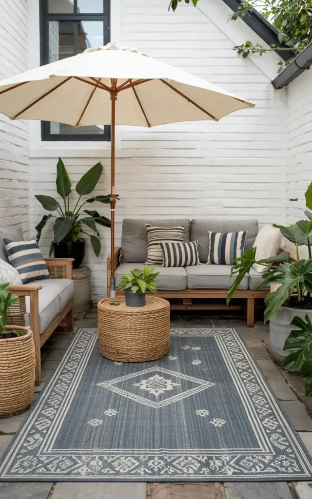 Outdoor patio with a cream umbrella, wooden furniture, blue striped pillows, and various potted plants on a brick patio with a patterned rug.