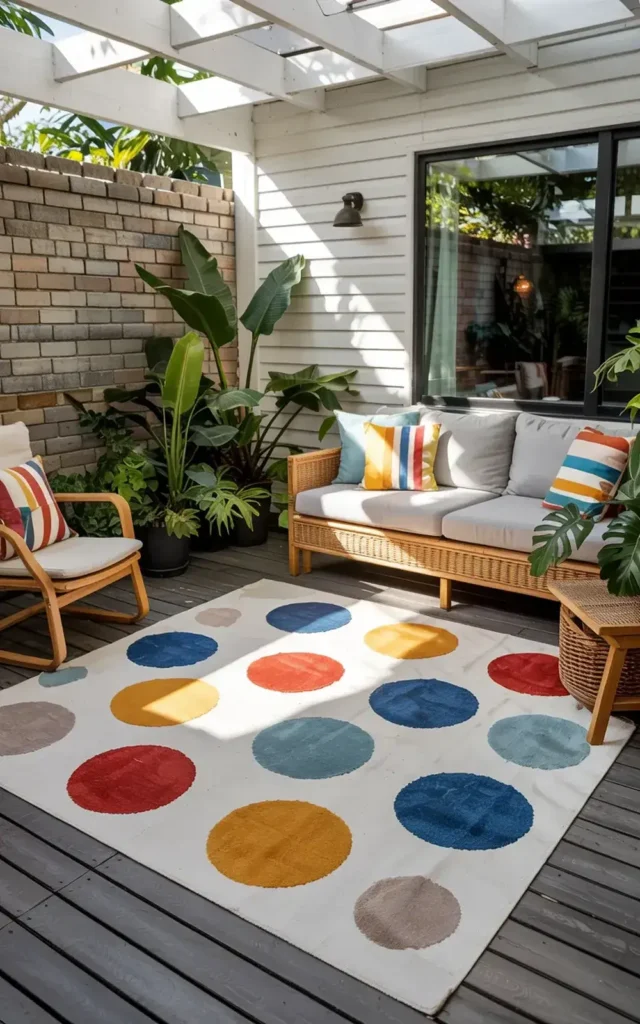 Outdoor patio with wicker furniture, colorful rug, and lush plants under a pergola.