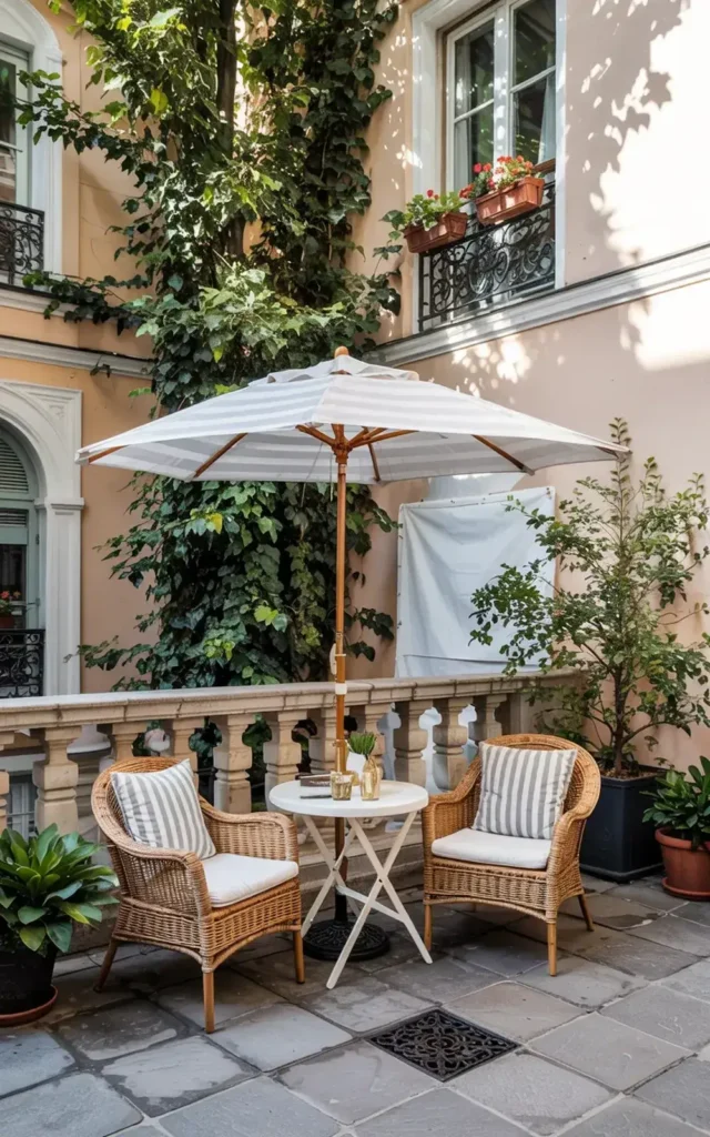 Two wicker chairs with striped cushions sit under a white umbrella on a tiled patio with greenery and a balcony above.