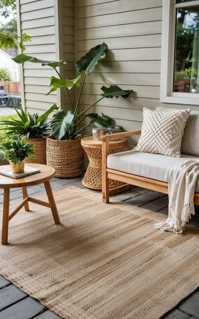 Outdoor seating area with a wooden sofa, side tables, potted plants, and a jute rug.