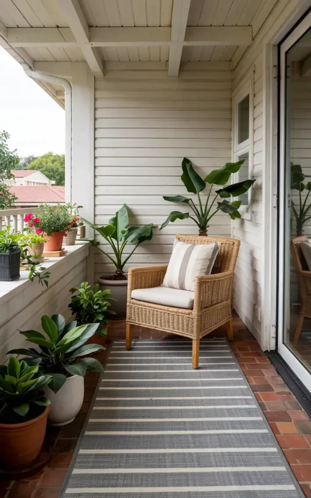 A cozy porch with a wicker chair, potted plants, and a striped rug.
