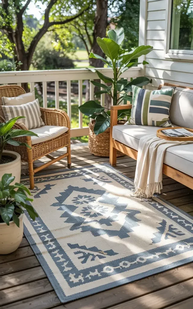Outdoor seating area with wicker chairs, a loveseat, patterned rug, and potted plants on a wooden deck.