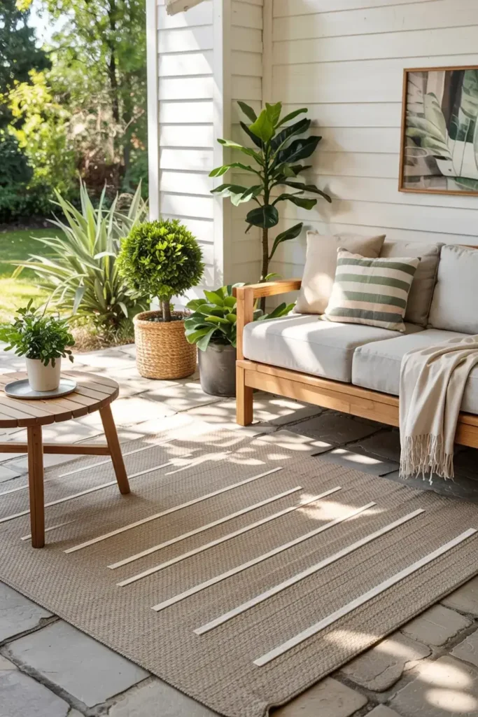 Outdoor seating area with a wooden sofa, plants, a round side table, and a striped rug on a stone patio.