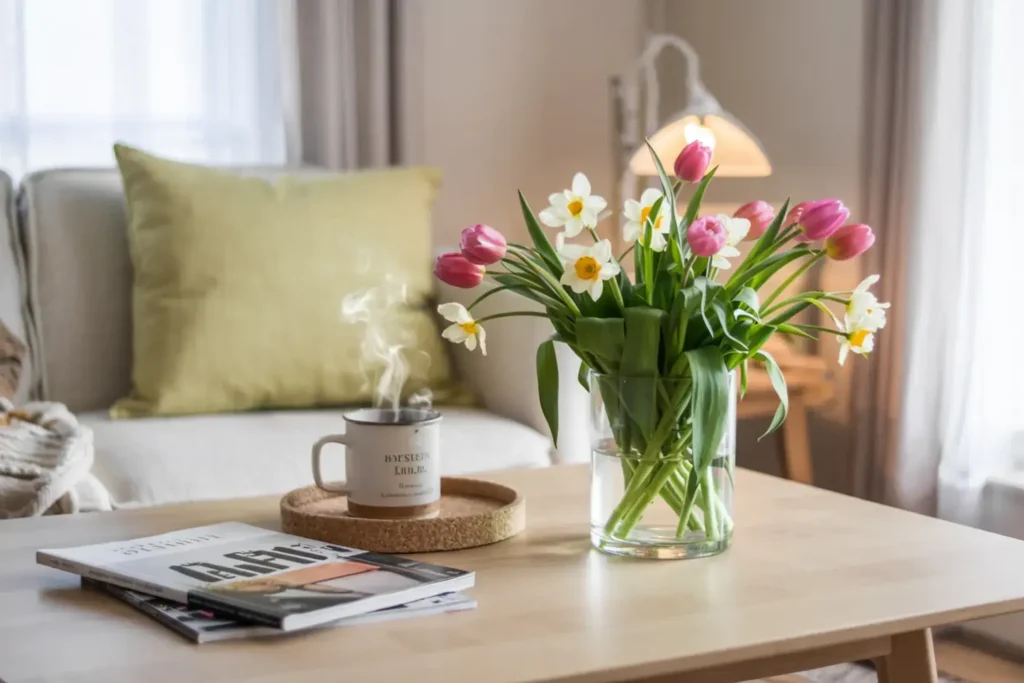 Cozy living room scene with tulips, daffodils, a steaming mug, and magazines on a table.
