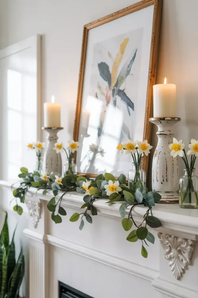 Decorated mantelpiece with candles, daffodils, eucalyptus garland and a framed print.