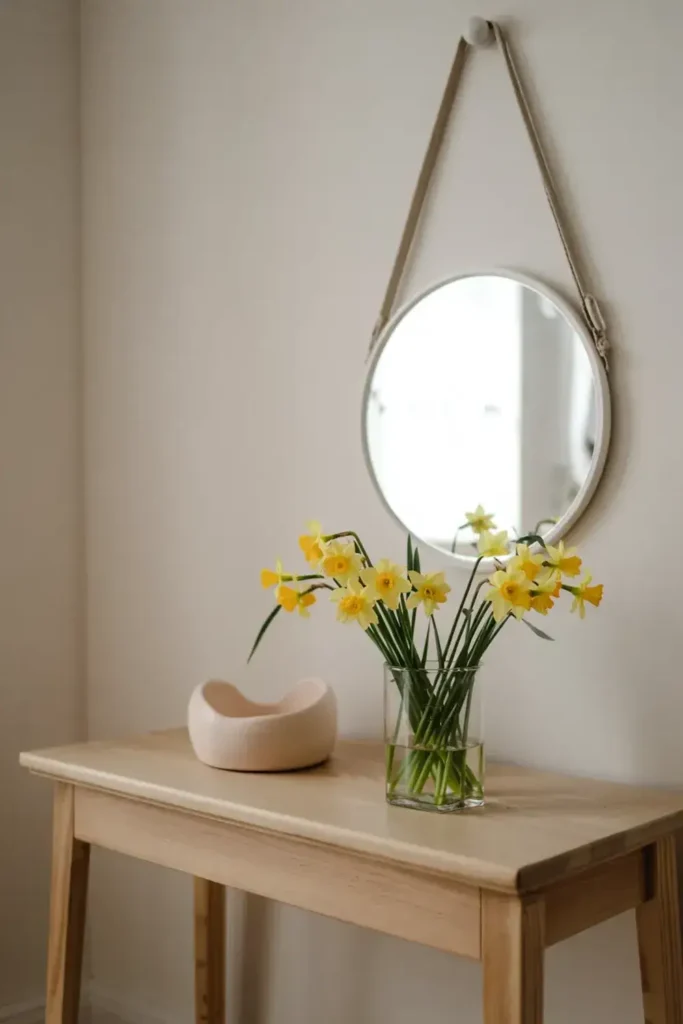 Daffodils in a vase and a decorative object on a wooden table below a round mirror hanging on a wall.