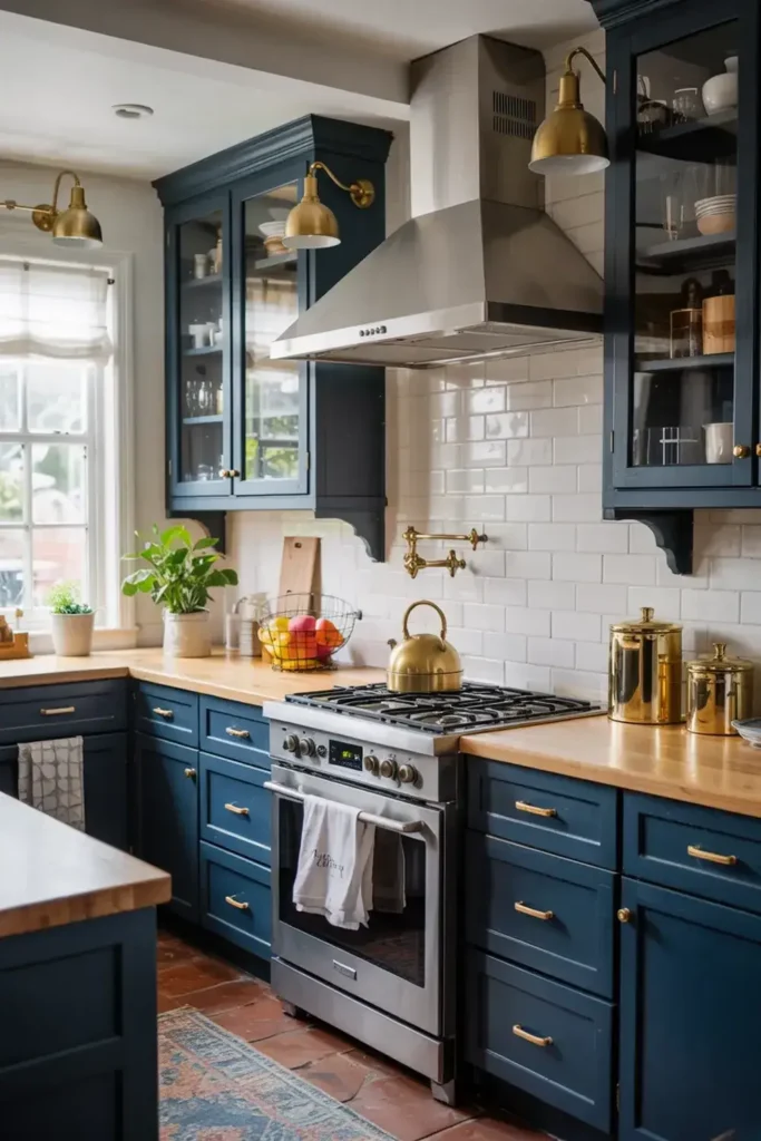 A well-lit kitchen with dark blue cabinets, wooden countertops, stainless steel appliances, and brass accents.