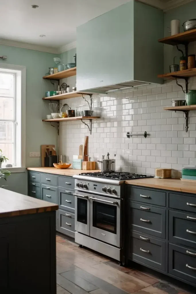 A kitchen with dark grey cabinets, wooden countertops, a stainless steel oven, and a mint green range hood over white subway tiles.