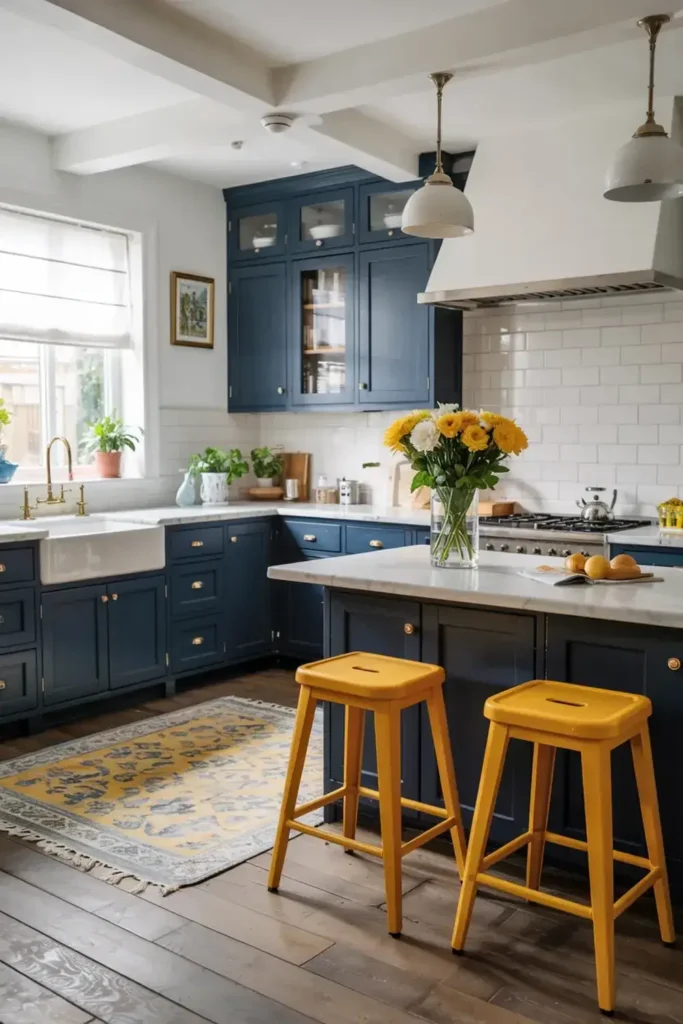 Bright kitchen with dark blue cabinets, white countertops, and two yellow stools at the island.