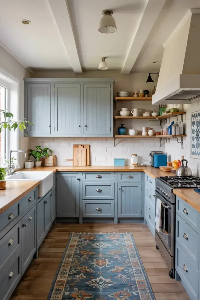 A cottage-style kitchen with blue-grey shaker cabinets, wooden countertops, and a patterned blue runner rug.