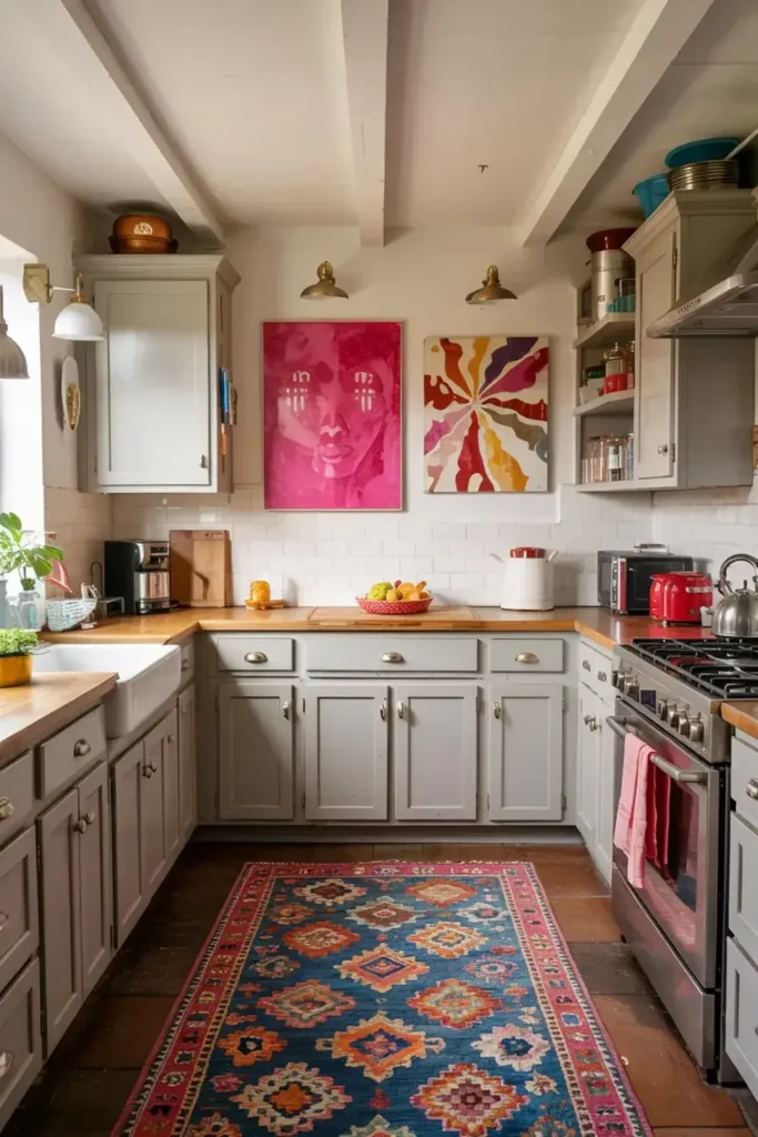 A kitchen with grey cabinets, wood countertops, a colorful patterned rug, and two large vibrant art pieces on the wall.