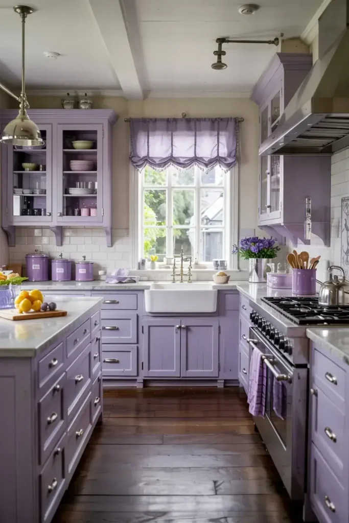A farmhouse-style kitchen with lavender cabinets, white countertops, and a large window.