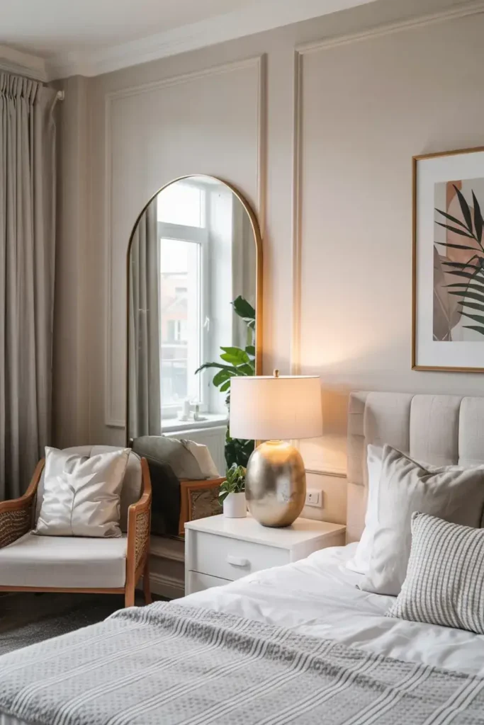 Neutral-toned bedroom with a bed, bedside table with lamp, armchair, and large arched mirror against a wall with moulding.