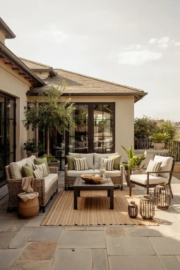 Comfortable outdoor patio seating area with wicker sofas, armchair, coffee table, rug, and potted plants.