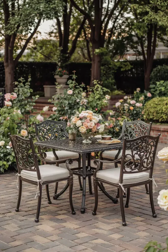 An ornate metal patio table and four chairs with white cushions are set on a brick patio in a rose garden, with a large bouquet of roses as a centerpiece.