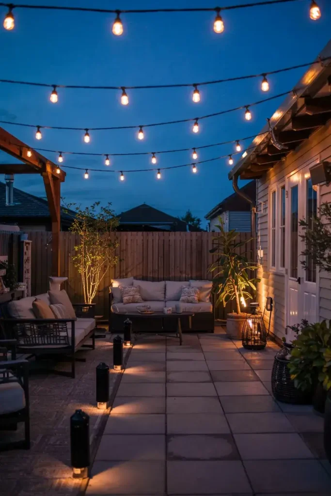 Cozy backyard patio illuminated by overhead string lights and ground lights at dusk.