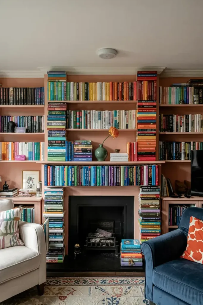 Built-in bookshelves filled with colorful books flank a fireplace in a cozy, peach-walled room with two armchairs and a patterned rug.