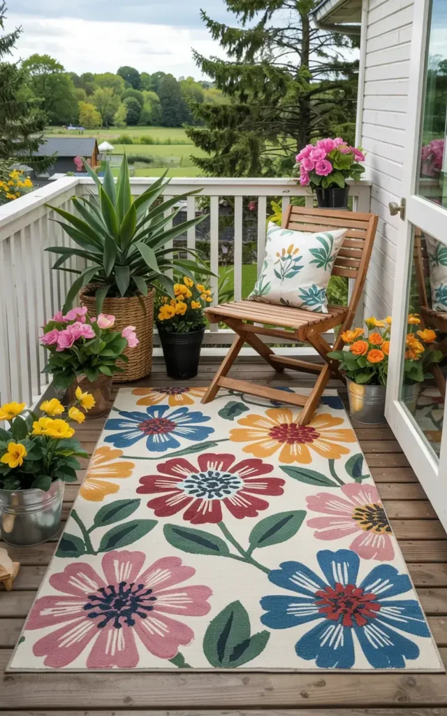 Small balcony decorated with colorful floral rug, potted plants, and a wooden chair with a floral cushion.
