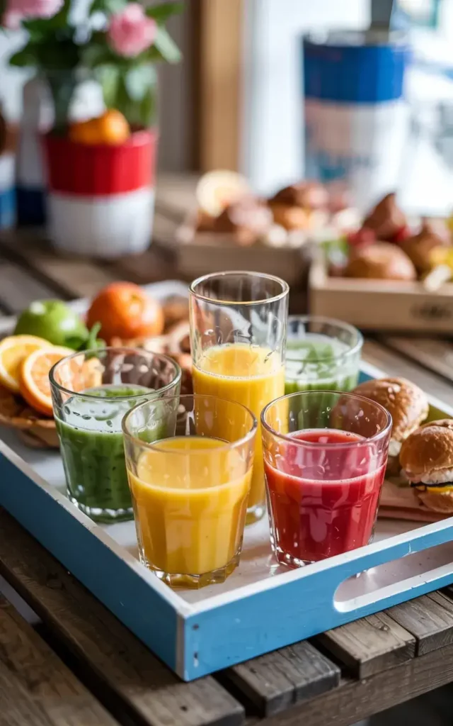 Tray of colorful fruit juices and assorted pastries with fruit and flowers in the background.