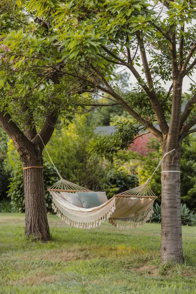 Cream hammock with cushions hanging between two trees in a garden.