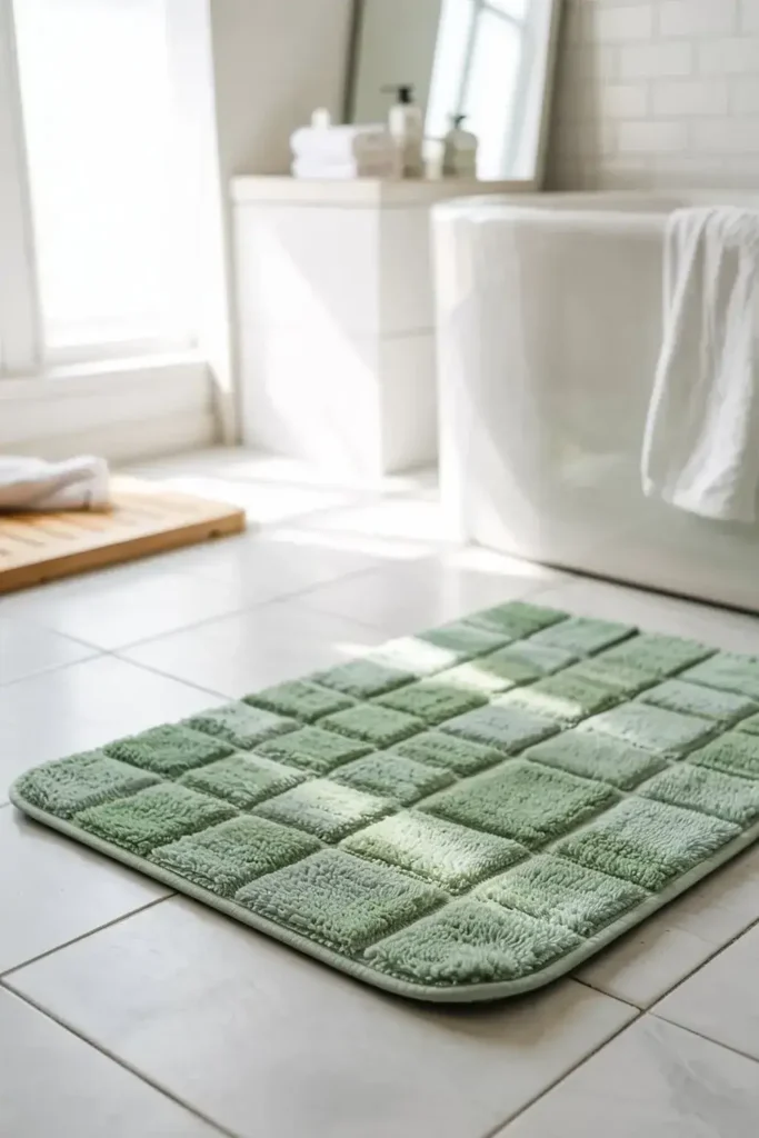 Green, plush, square-patterned bath mat on a tiled bathroom floor near a bathtub and window.