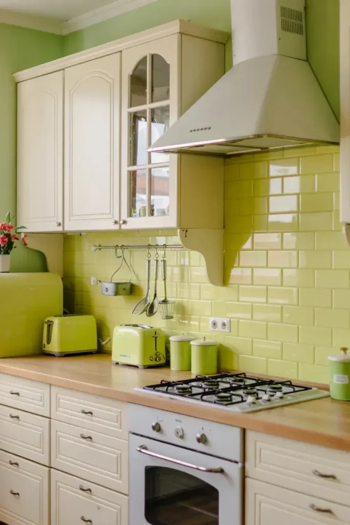 Cream colored kitchen cabinets with light green tiled backsplash, matching appliances, and wooden countertop.