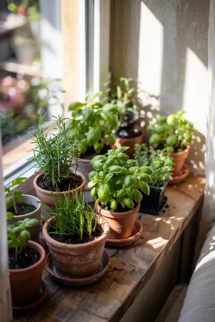 Potted herbs, including basil, rosemary, and chives, sit on a sunlit wooden windowsill.
