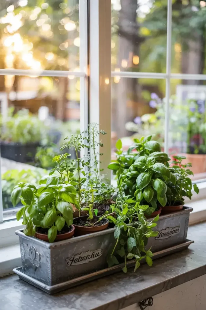 Potted herbs in a metal container sit on a windowsill with a garden view.