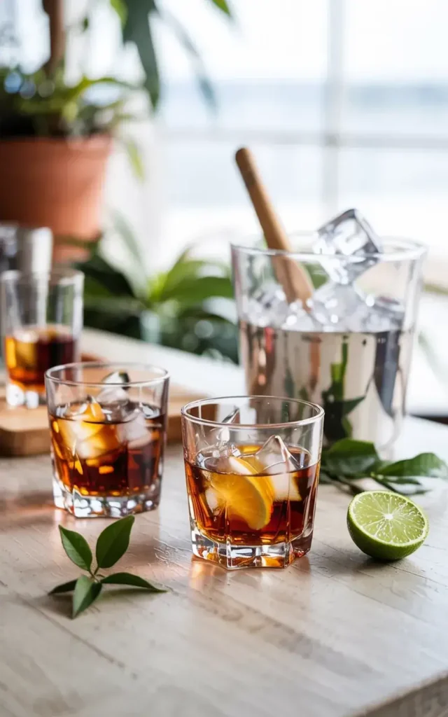 Three glasses of iced drinks with citrus and a plant in the background on a light-colored surface.