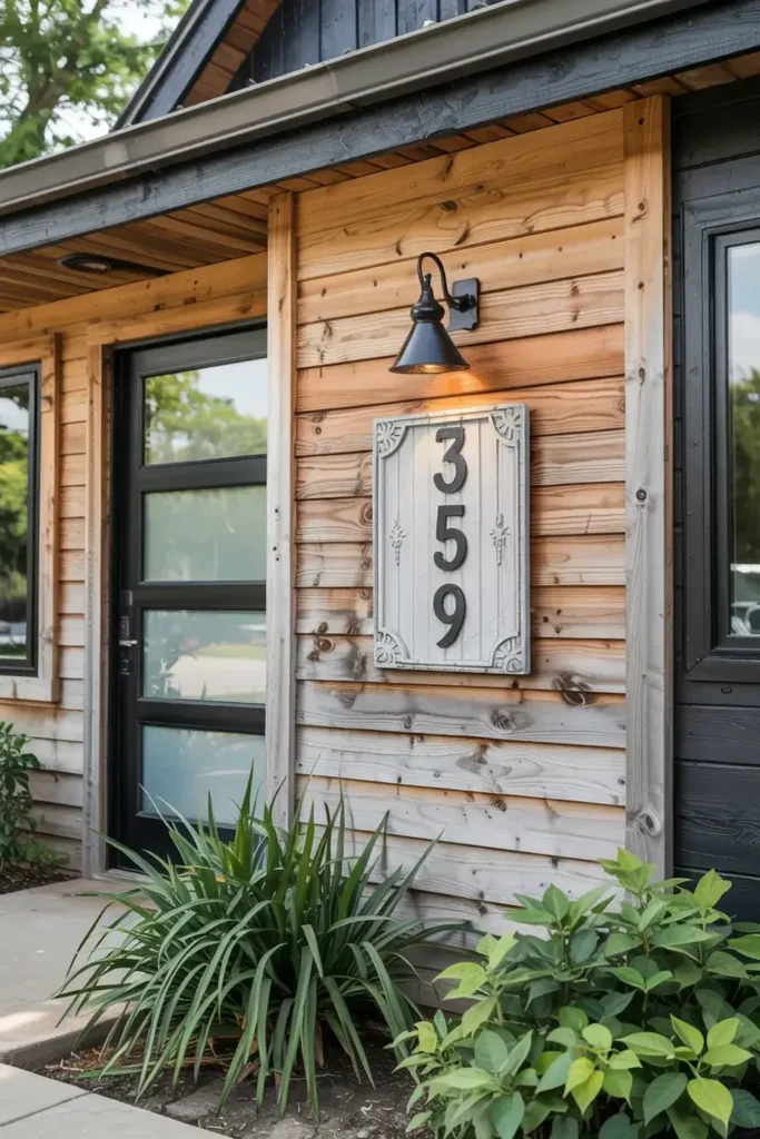 Address plaque 359 on a wood-sided house wall, lit by a black sconce, near the front door.