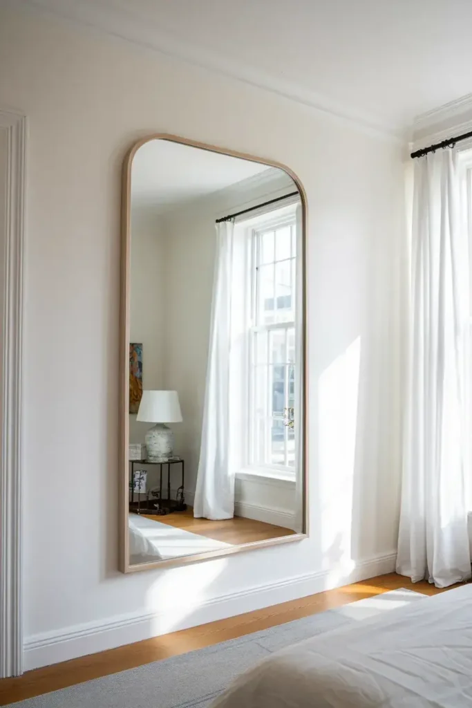 Tall rectangular mirror with rounded top in a white bedroom.
