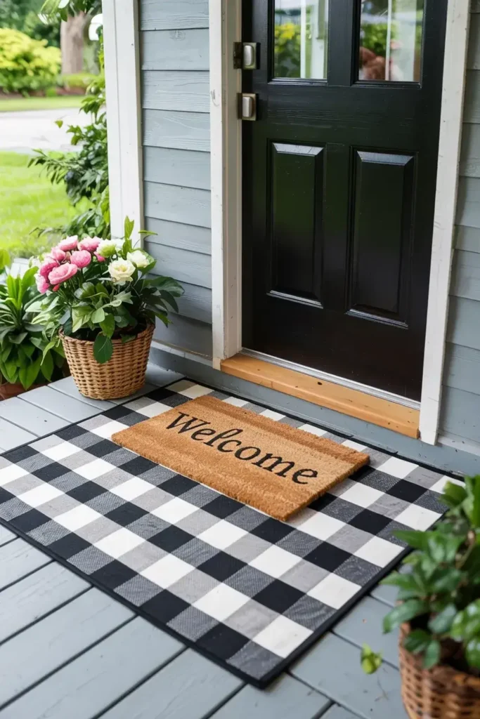 A 'Welcome' doormat layered over a black and white buffalo check rug sits on a porch in front of a black door, flanked by potted plants.