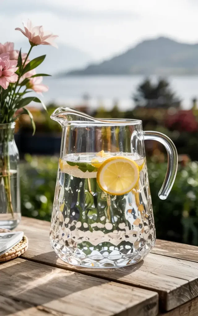 A glass pitcher of lemon water sits on a wooden table with flowers and a blurred coastal landscape in the background.