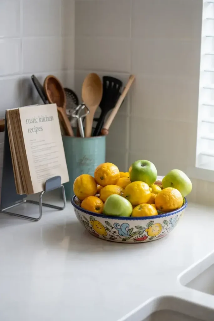 Still life of lemons, green apples, kitchen utensils, and a "Rustic Kitchen Recipes" book on a kitchen counter.