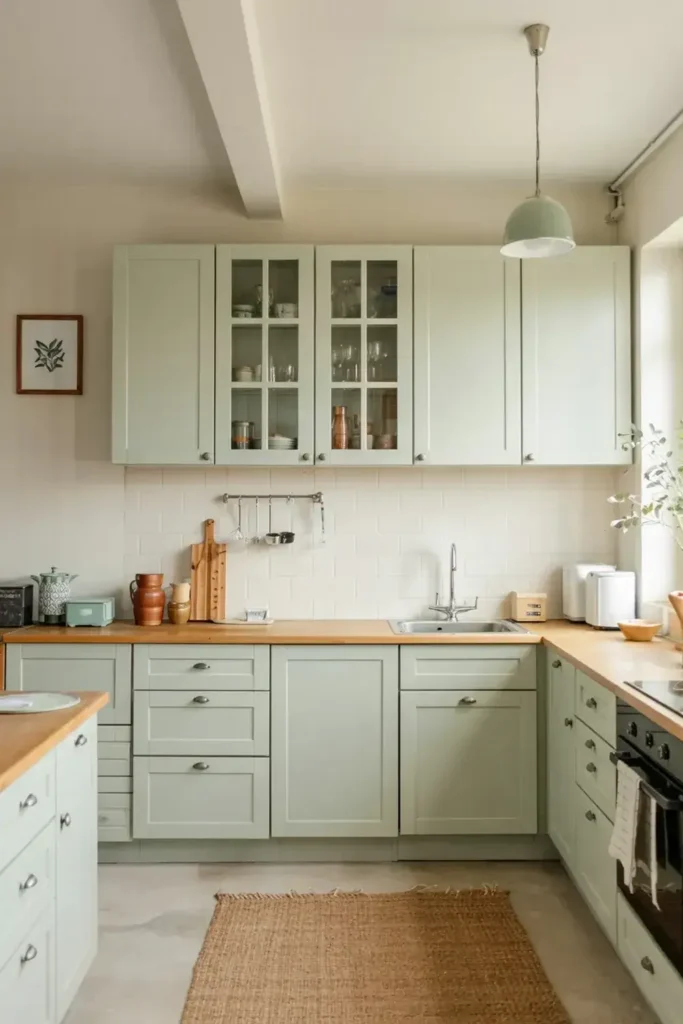 A light green kitchen with wooden countertops, white subway tile backsplash, and a woven rug.