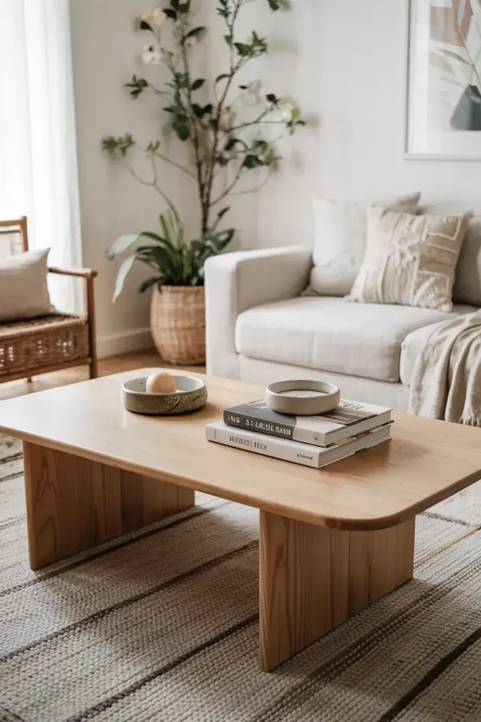A light wood coffee table with books and bowls sits on a striped rug in a neutral-toned living room.