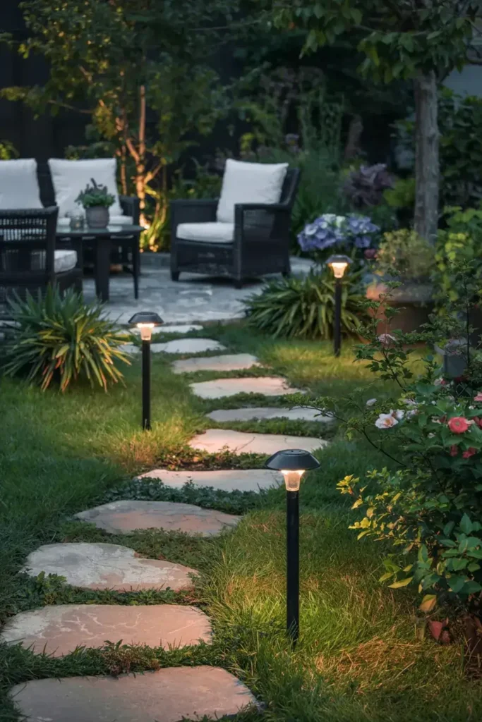 Illuminated stepping stone path winding through a garden towards a patio seating area.