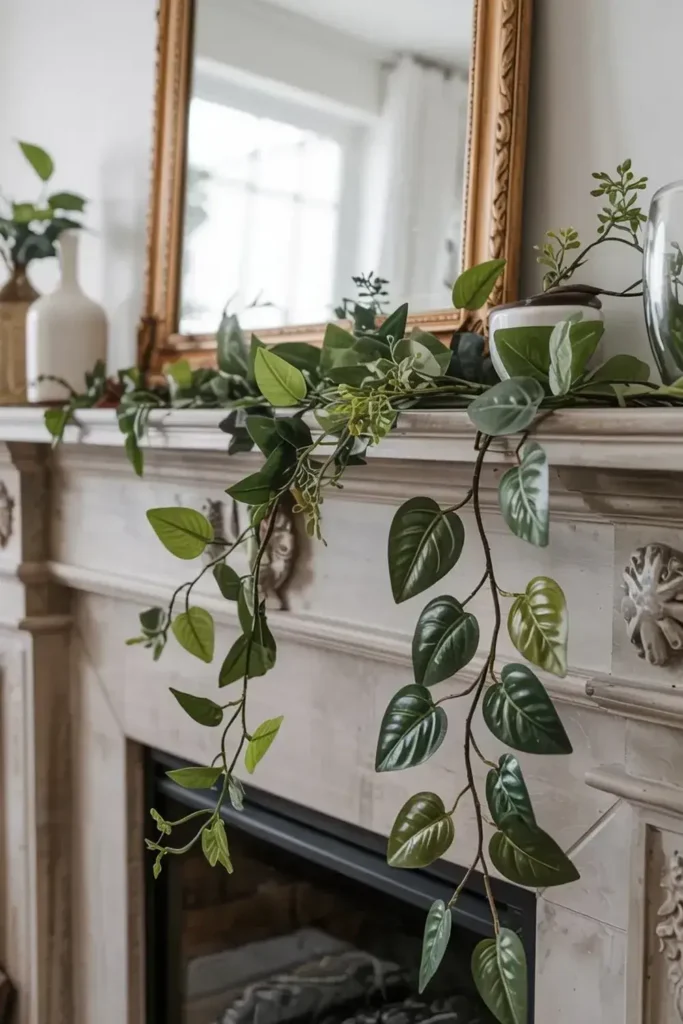 Green vines drape over a white marble fireplace mantel with a gold-framed mirror above.