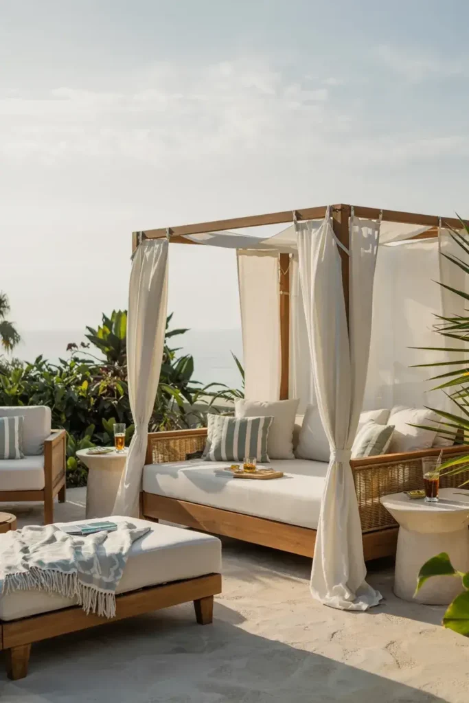 A wooden canopied daybed with white curtains on a sunny patio overlooking lush greenery and the ocean.