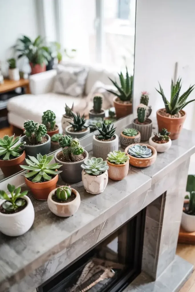 A collection of various potted cacti and succulents displayed on a marble fireplace mantel in a bright, airy room.