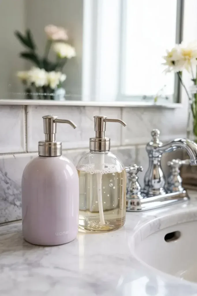 Bathroom sink with two soap dispensers, faucet, and floral decorations.