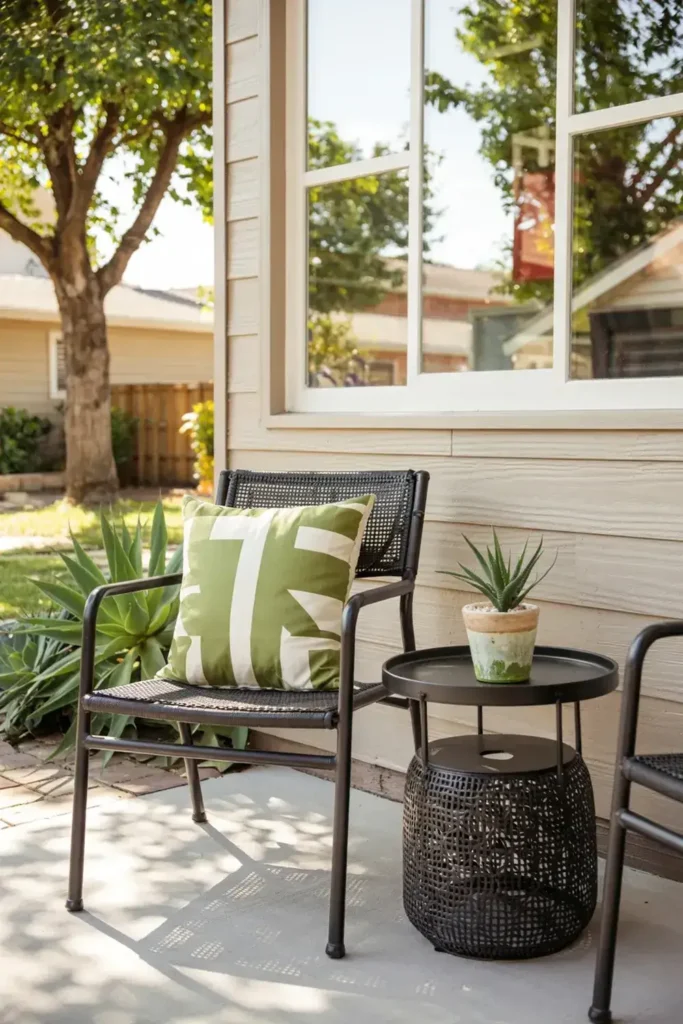 Black patio chair with a green geometric pillow next to a small side table with a potted succulent.