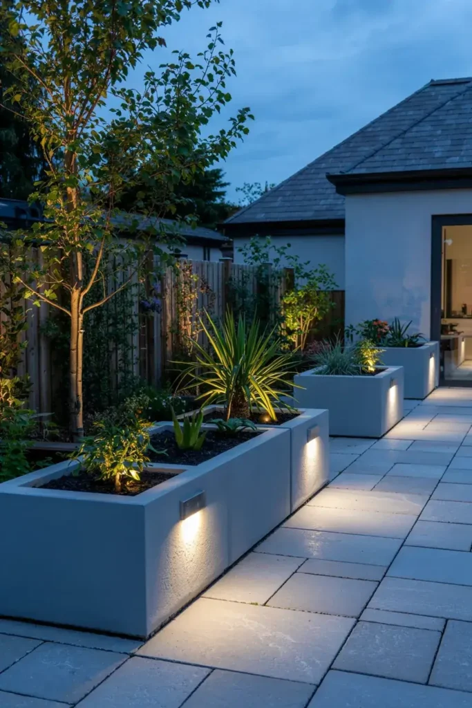 Modern patio walkway at dusk illuminated by lights integrated into large planters filled with greenery.